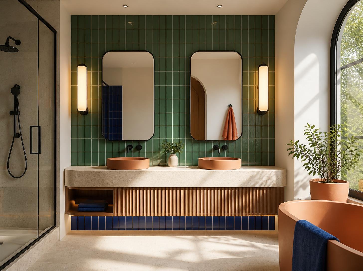 emerald green and blue bathroom